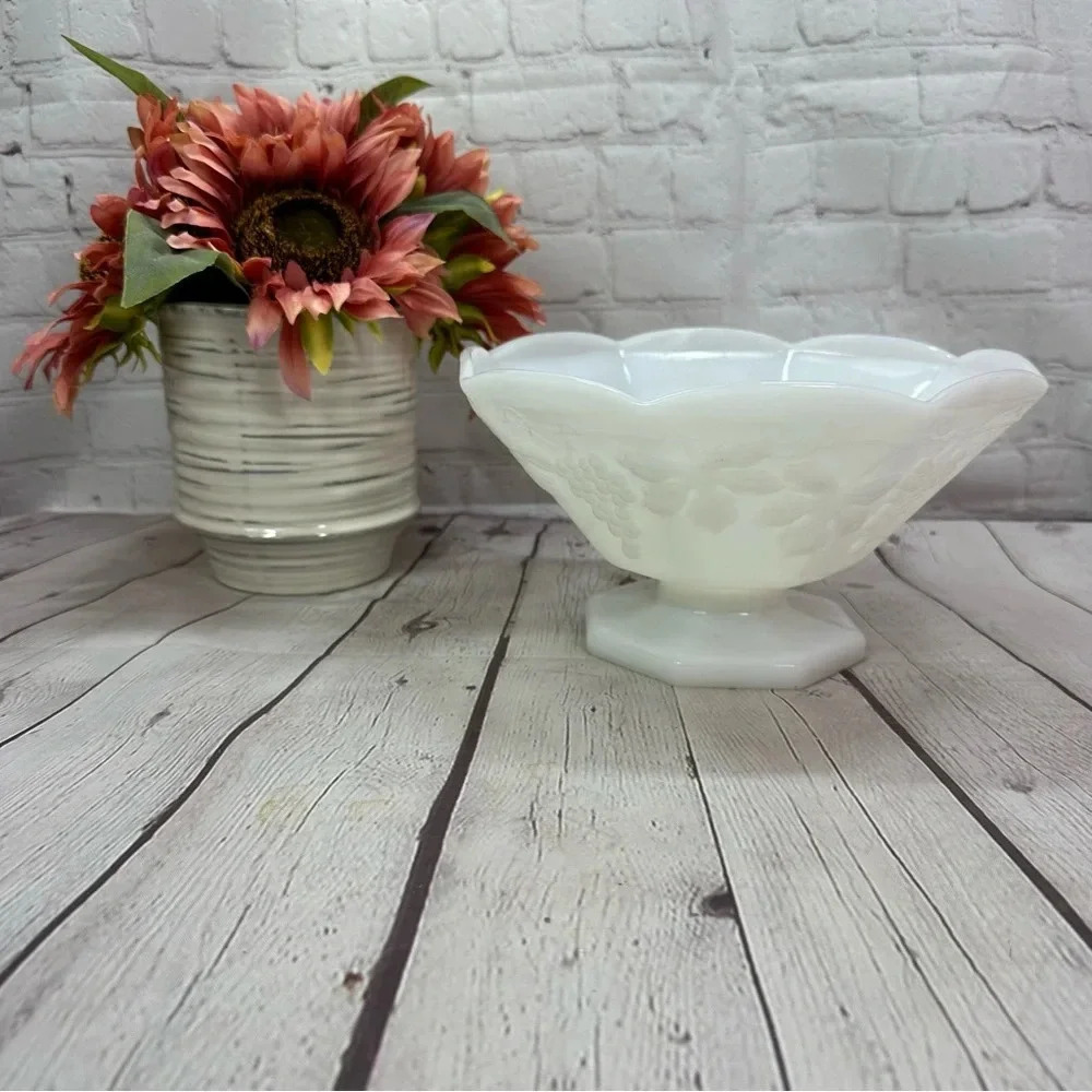 vintage anchor hocking milk glass pedestal serving bowl with grapevine cottage